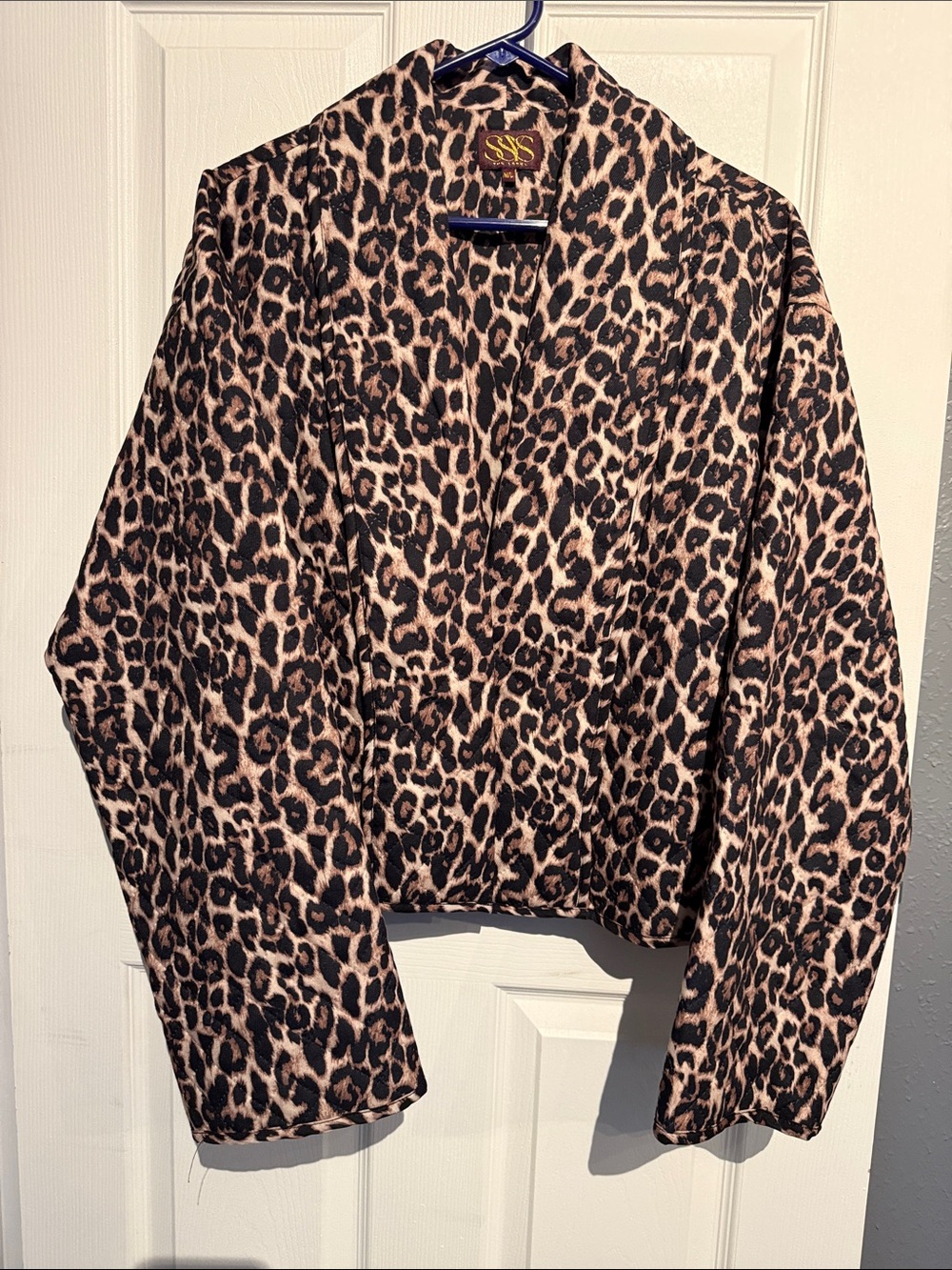 SSYS Leopard Print Open-Front Quilted Jacket in Brown/Black